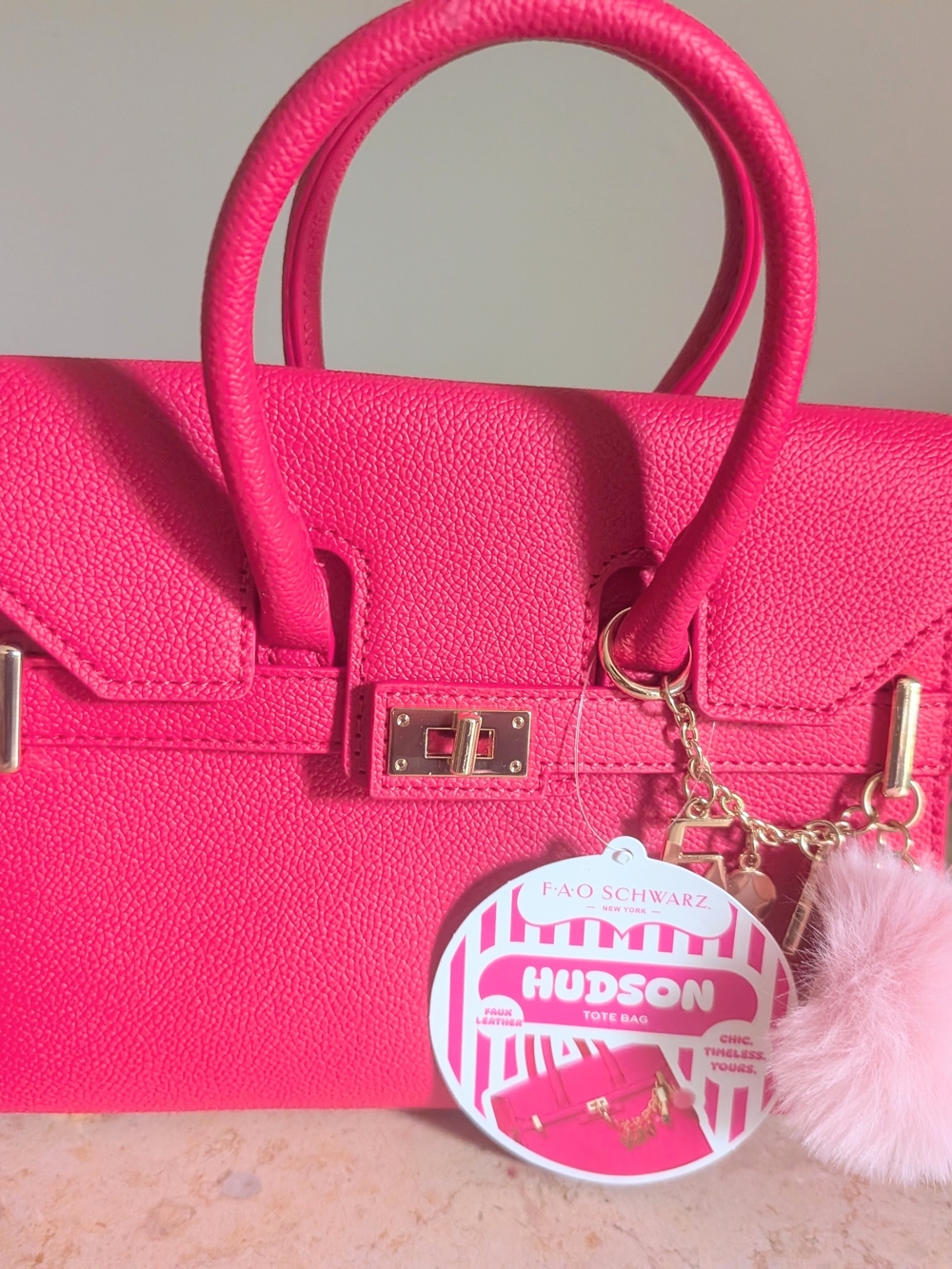 FAO Schwarz Hudson Hot Pink Mini Tote Bag with Pom Charm - Picture 2 of 11
